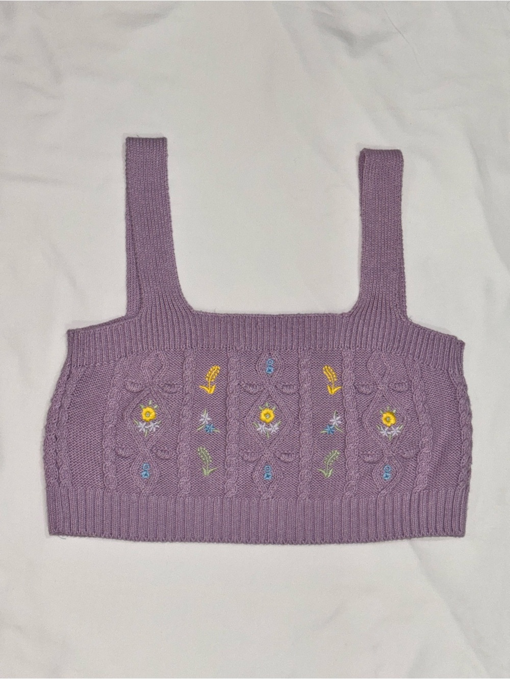 ZARA Lilac Cable Knit Cropped Sweater Tank Embroidered Flowers Boho Cottagecore - Picture 2 of 7